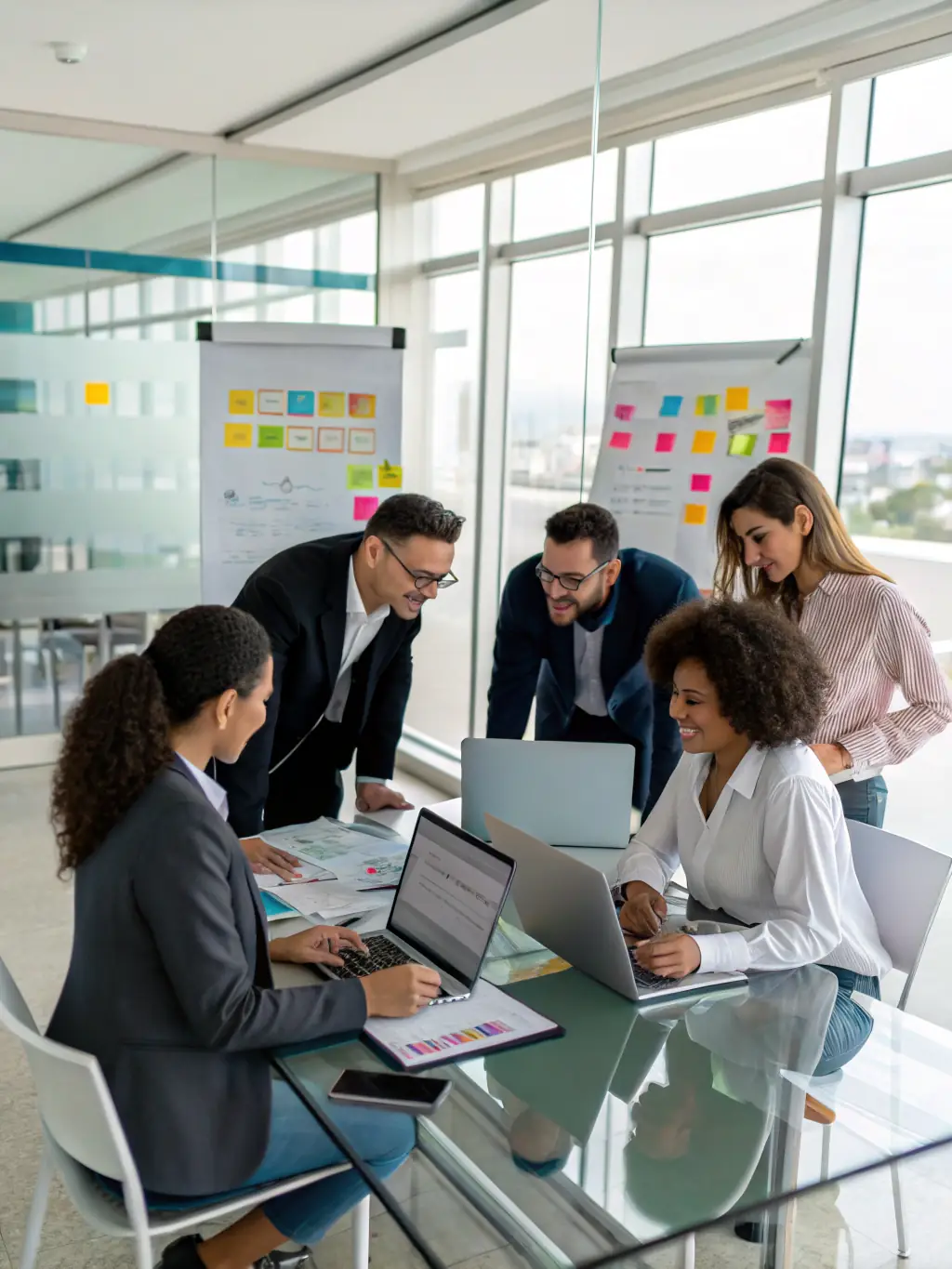 A diverse team of designers and developers collaborating in a modern office space, reflecting Pier 1 Development's collaborative approach to providing skills and talent.