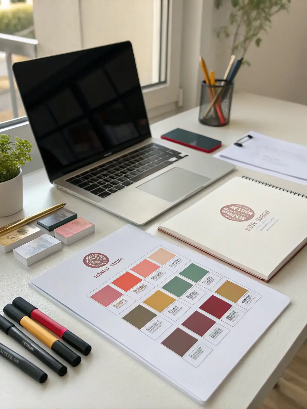 A collection of branding materials including logos, color palettes, and style guides displayed on a clean workspace, showcasing Pier 1 Development's business branding expertise.