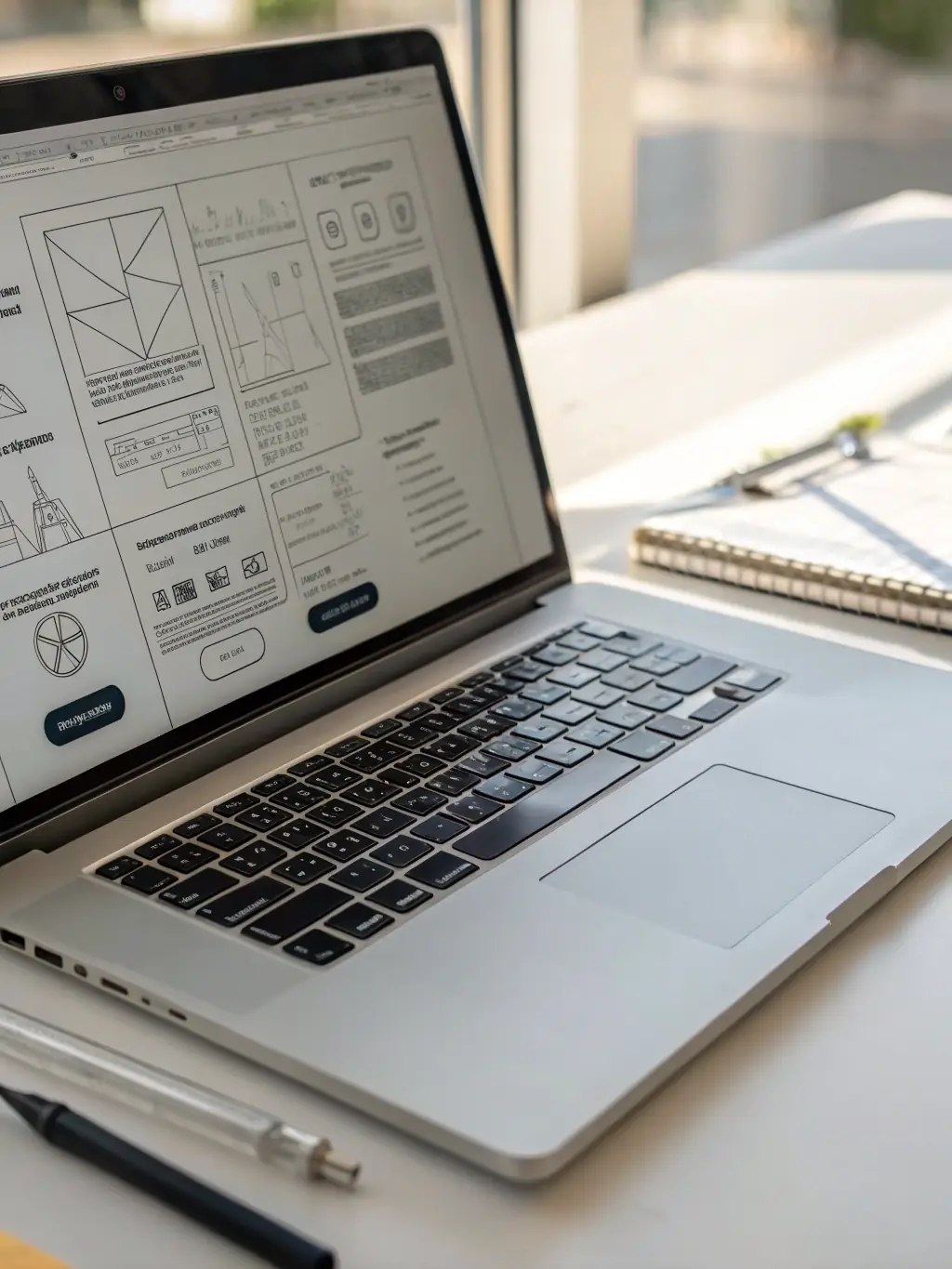 A modern laptop displaying a beautifully designed website on its screen, with design tools and code snippets nearby, representing Pier 1 Development's web design and development services.