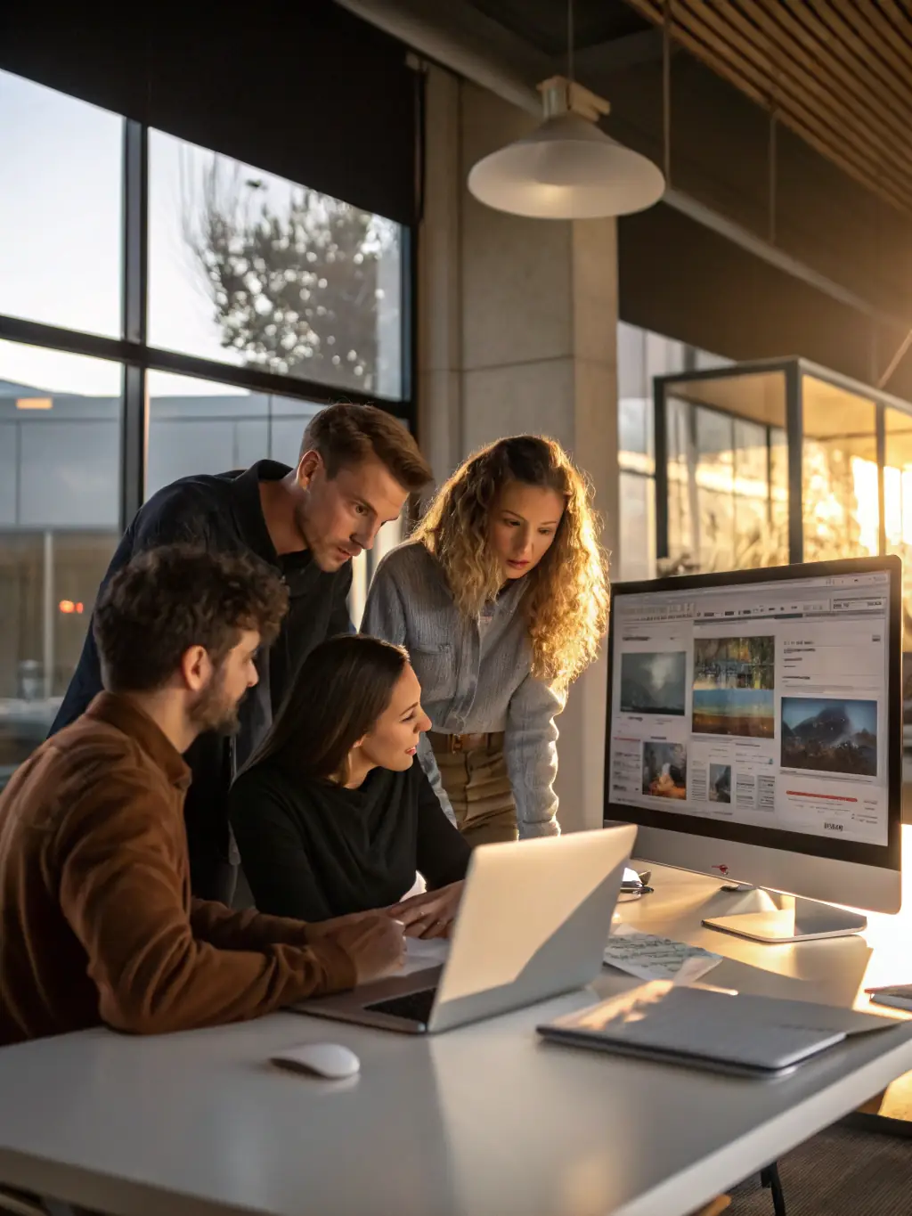 A diverse team of web developers collaborating remotely on a project, showcasing the distributed nature of Pier 1 Development.